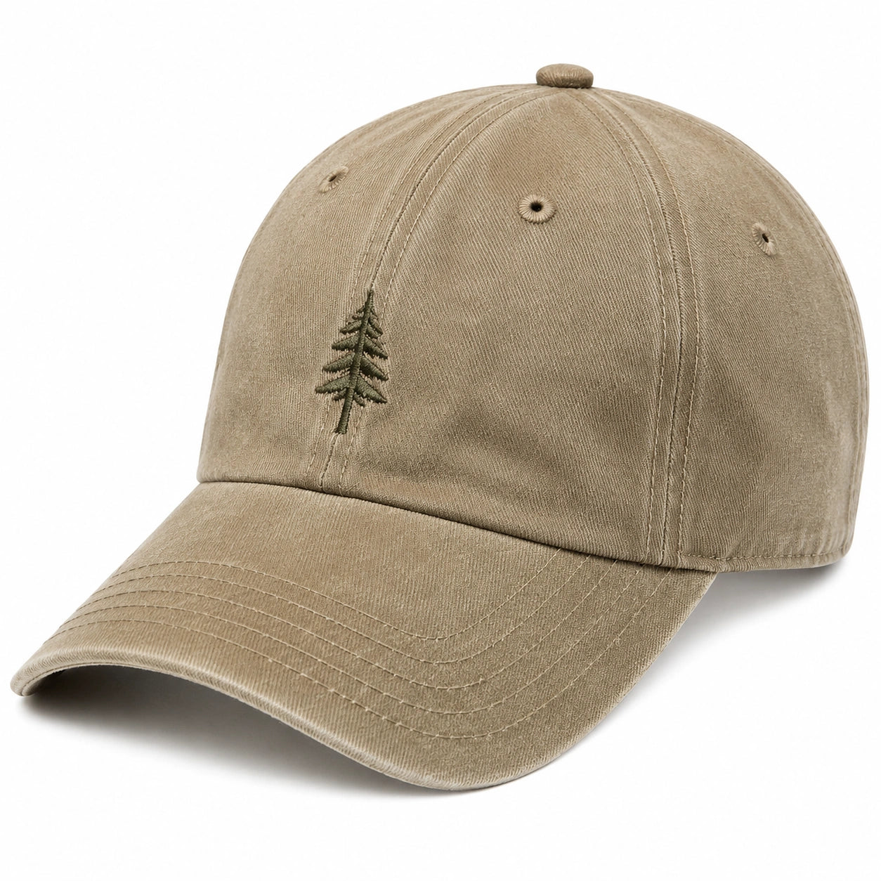 Gorra de béisbol talla única de algodón caqui con bordado de árbol - visera curvada para uso diario