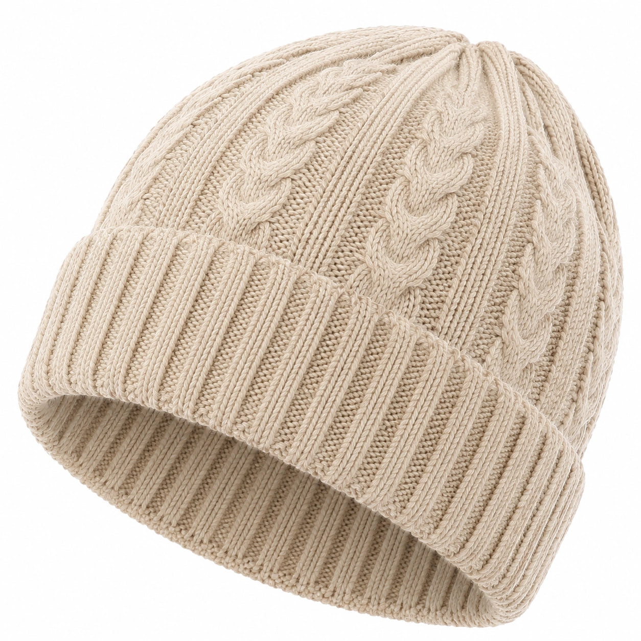 Gorro de punto talla única beige con trenzas y borde acanalado