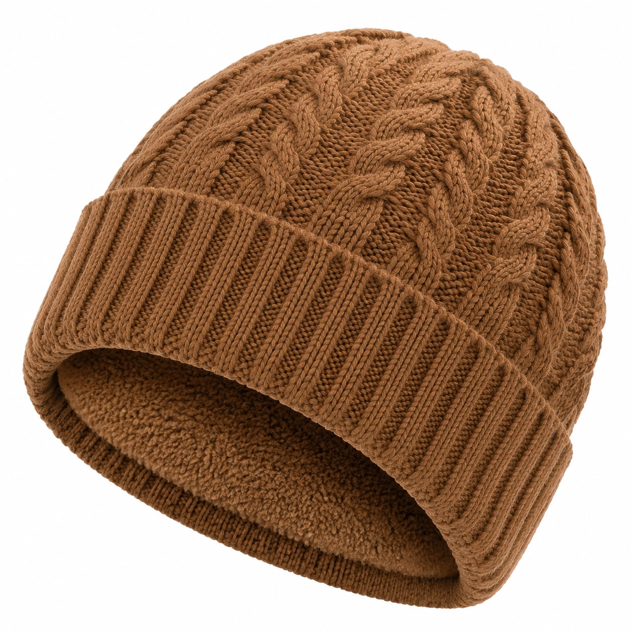 Gorro de punto talla única marrón con forro afelpado estilo trenzado para invierno
