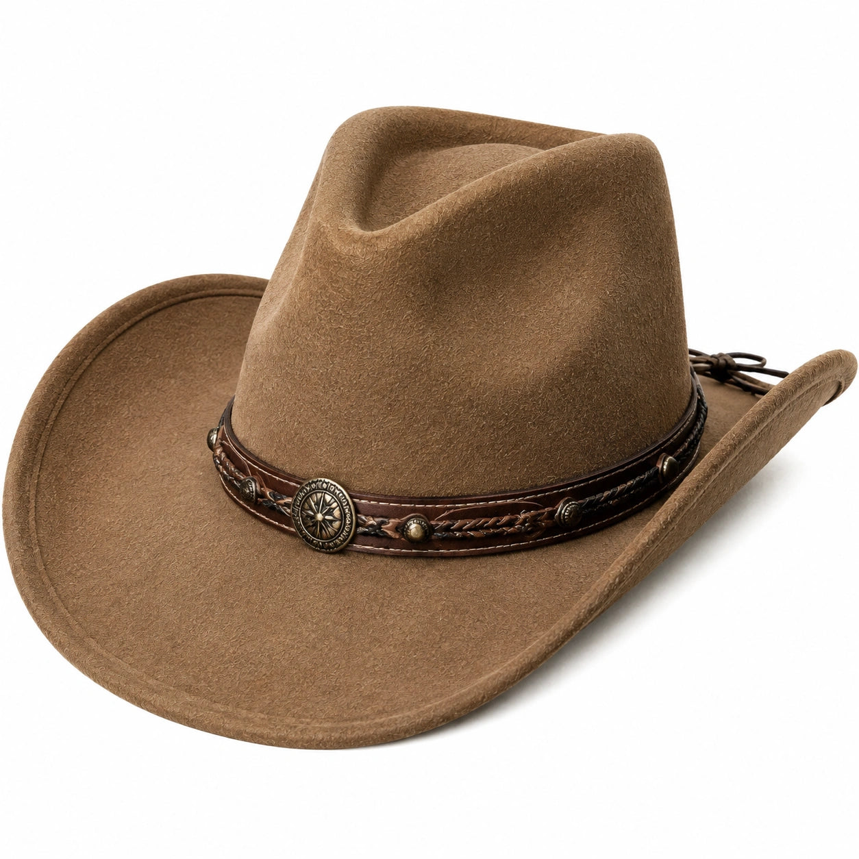 Sombrero cowboy talla única marrón de acabado textil afelpado con banda decorativa